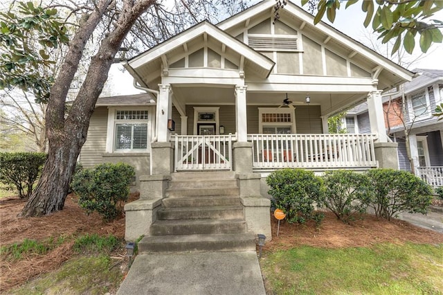 view of front of home featuring covered porch and ceiling fan