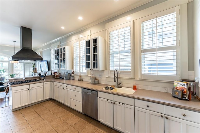 kitchen featuring white cabinetry, stainless steel appliances, sink, and ventilation hood