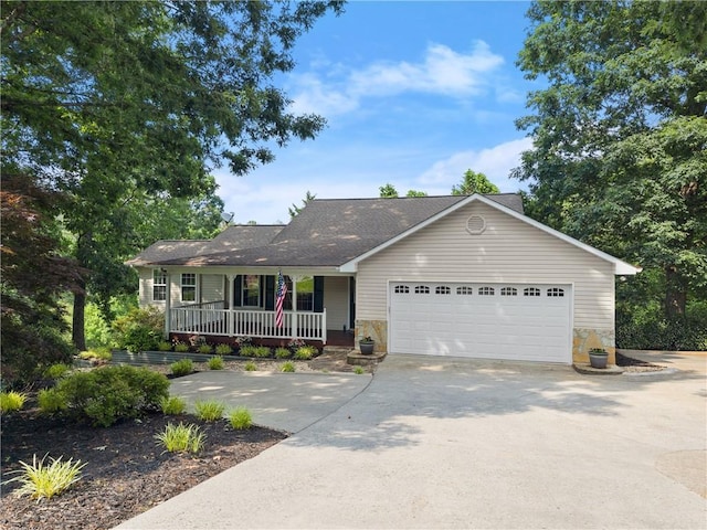 241 Cook St, Alto, GA 30510 - ranch-style home featuring a porch, driveway, an attached garage, stone siding, and a shingled roof