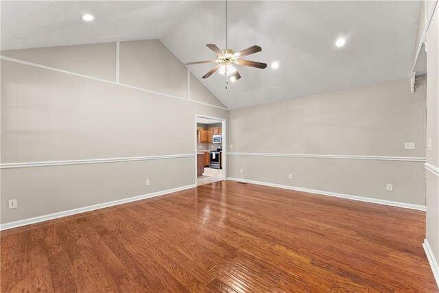 241 Cook St, Alto, GA 30510 - unfurnished room featuring a ceiling fan, high vaulted ceiling, baseboards, wood finished floors, and recessed lighting