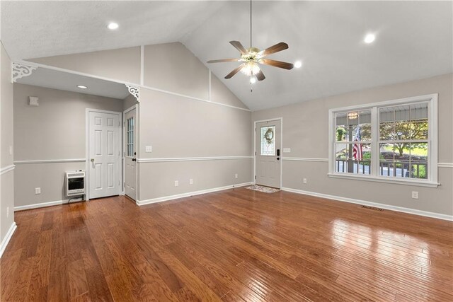 241 Cook St, Alto, GA 30510 - unfurnished living room with a ceiling fan, heating unit, wood finished floors, high vaulted ceiling, and baseboards