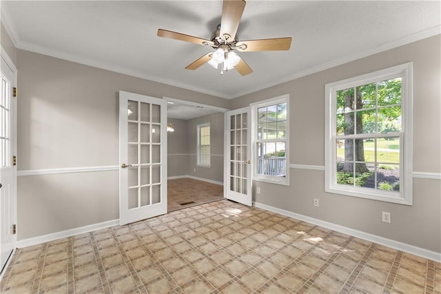 241 Cook St, Alto, GA 30510 - unfurnished room featuring french doors, baseboards, crown molding, a ceiling fan, and tile patterned floors