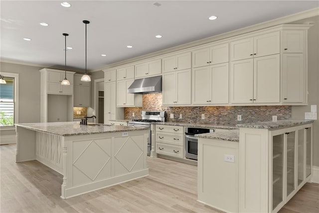 kitchen with a sink, light wood-style floors, stainless steel appliances, and under cabinet range hood