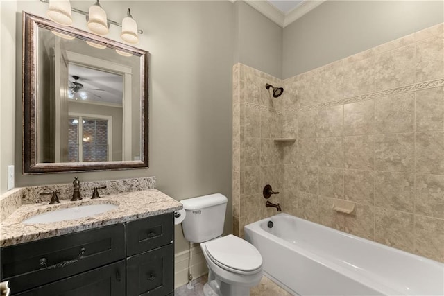 bathroom with vanity, toilet, a ceiling fan, tub / shower combination, and ornamental molding