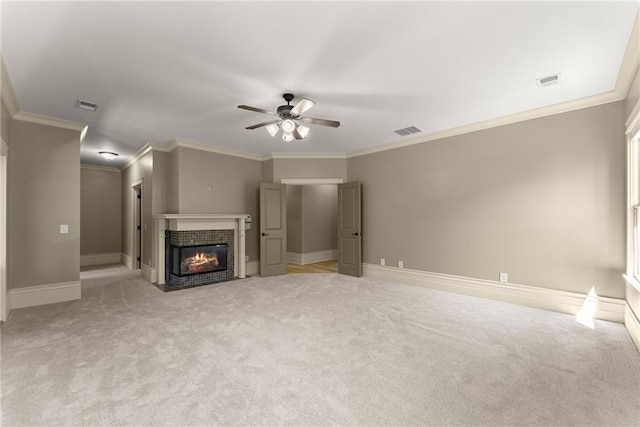 unfurnished living room with light colored carpet, ceiling fan, and visible vents
