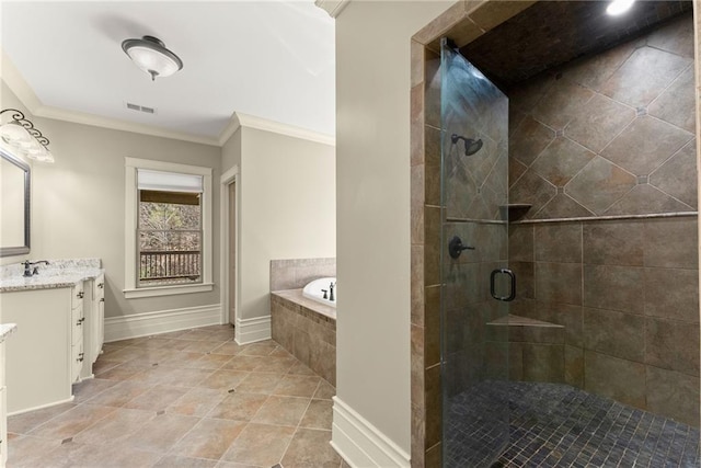 bathroom featuring tile patterned flooring, vanity, a shower stall, visible vents, and ornamental molding