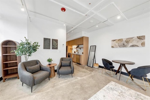 living area with sink, a towering ceiling, and track lighting