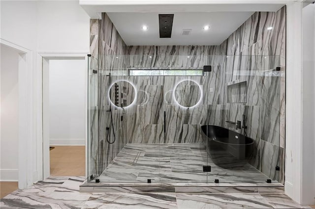 15154 Hopewell Rd, Alpharetta, GA 30004 - full bathroom featuring a marble finish shower, recessed lighting, and baseboards