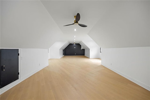 15154 Hopewell Rd, Alpharetta, GA 30004 - bonus room featuring baseboards, lofted ceiling, a ceiling fan, light wood finished floors, and recessed lighting