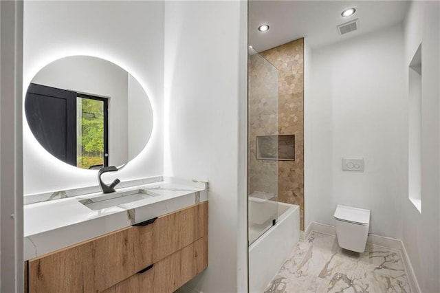 15154 Hopewell Rd, Alpharetta, GA 30004 - bathroom with marble finish flooring, vanity, toilet, bathing tub / shower combination, and recessed lighting