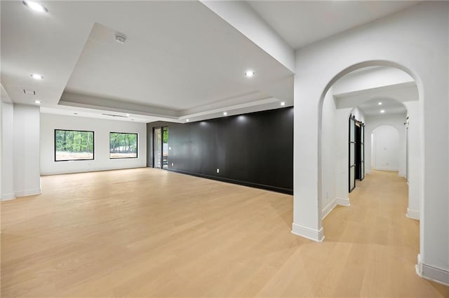 15154 Hopewell Rd, Alpharetta, GA 30004 - unfurnished room with light wood-style floors, a raised ceiling, baseboards, and recessed lighting
