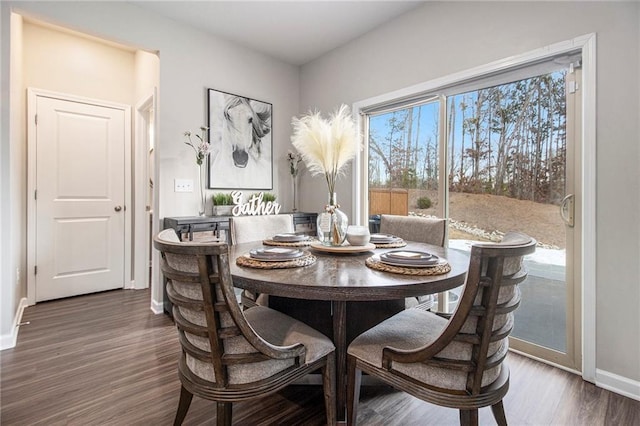 dining area with dark wood-type flooring