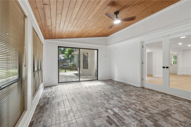 9165 Eves Cir, Roswell, GA 30076 - unfurnished room with french doors, lofted ceiling, wood ceiling, and ceiling fan