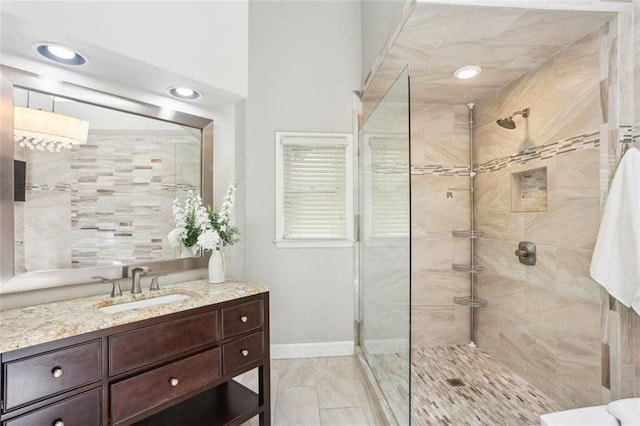 3837 Fenway Xing, Marietta, GA 30062 - full bath featuring a shower stall, vanity, marble look tile flooring, and baseboards
