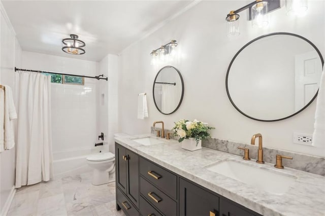 3837 Fenway Xing, Marietta, GA 30062 - bathroom with marble finish flooring, double vanity, shower / bath combo with shower curtain, toilet, and crown molding