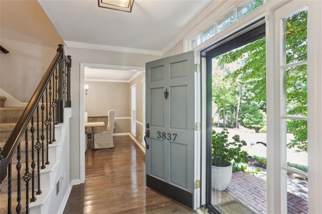 3837 Fenway Xing, Marietta, GA 30062 - foyer with crown molding, stairs, baseboards, and dark wood-style floors