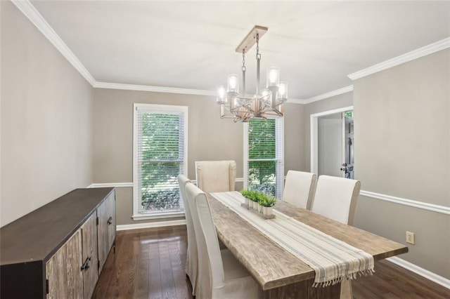 3837 Fenway Xing, Marietta, GA 30062 - dining area with a chandelier, dark wood-type flooring, baseboards, and ornamental molding