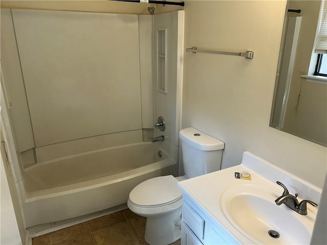 full bathroom with vanity, tub / shower combination, tile patterned floors, and toilet