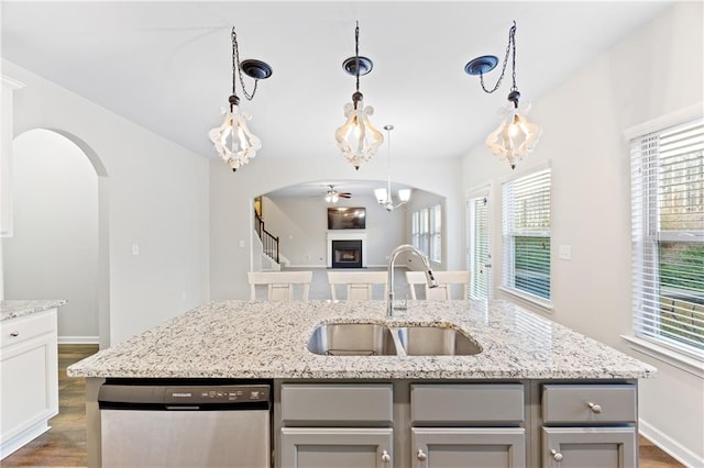 kitchen with dark hardwood / wood-style floors, sink, a healthy amount of sunlight, and stainless steel dishwasher