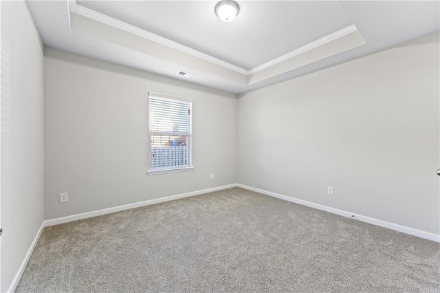 spare room featuring carpet, crown molding, and a tray ceiling