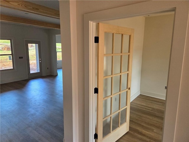 34 Hawkins Rd, Taylorsville, GA 30178 - hall with dark wood-type flooring, beamed ceiling, and baseboards