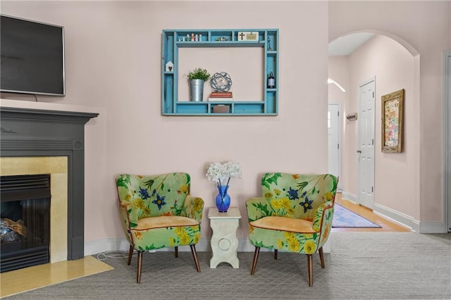 80 Riley Place Dr, Dawsonville, GA 30534 - sitting room featuring arched walkways and a glass covered fireplace