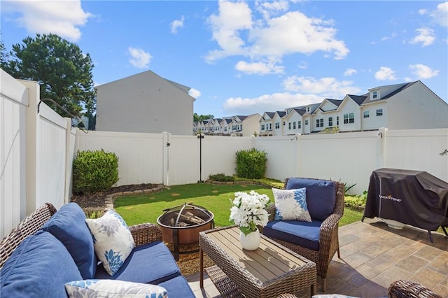 80 Riley Place Dr, Dawsonville, GA 30534 - fenced backyard featuring an outdoor hangout area, a patio, grilling area, and a residential view