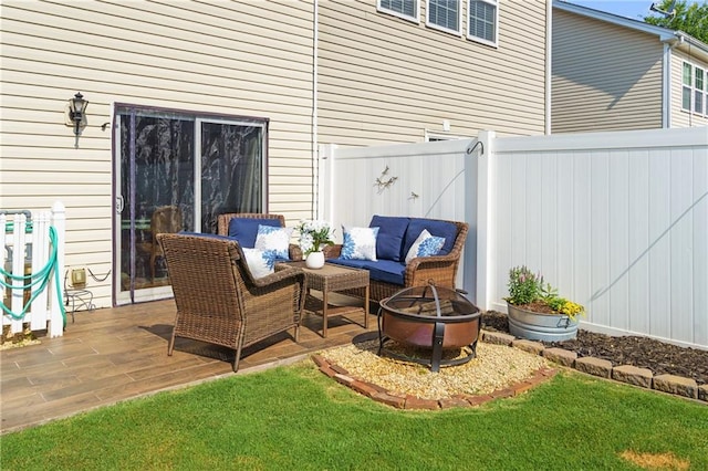 80 Riley Place Dr, Dawsonville, GA 30534 - fenced backyard featuring an outdoor living space with a fire pit