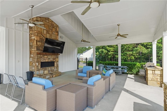 80 Riley Place Dr, Dawsonville, GA 30534 - view of patio / terrace featuring a ceiling fan and an outdoor living space with a fireplace