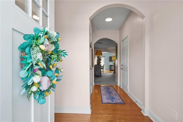 80 Riley Place Dr, Dawsonville, GA 30534 - hallway featuring arched walkways and wood finished floors