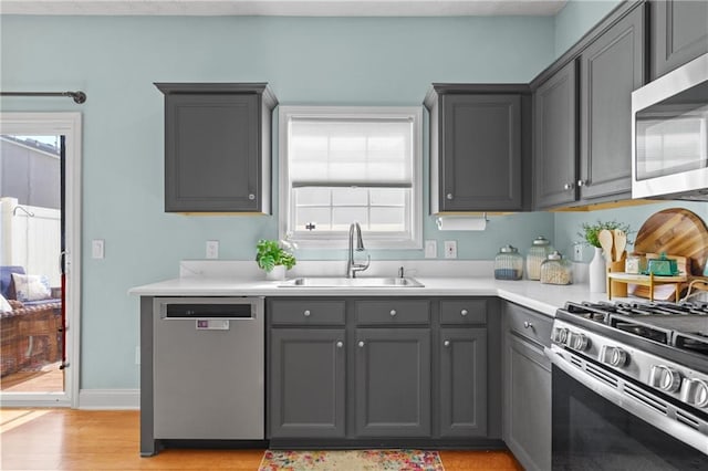 80 Riley Place Dr, Dawsonville, GA 30534 - kitchen with stainless steel appliances, gray cabinets, plenty of natural light, and light countertops