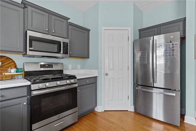 80 Riley Place Dr, Dawsonville, GA 30534 - kitchen featuring stainless steel appliances, gray cabinetry, light countertops, and light wood-type flooring