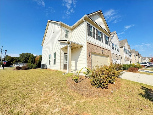 view of property exterior featuring central AC unit, a garage, and a lawn