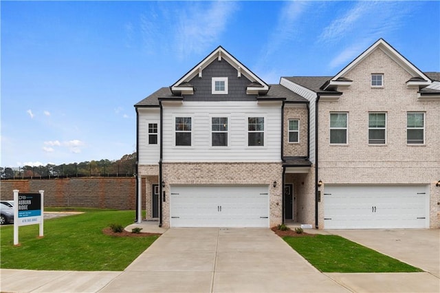 view of property with driveway, brick siding, a front yard, and fence