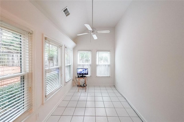 sunroom with ceiling fan and lofted ceiling