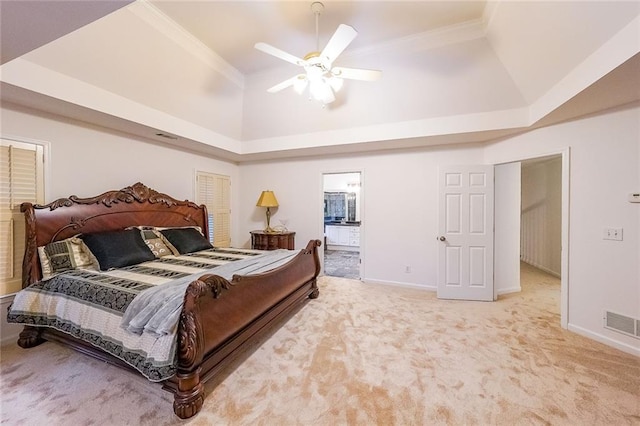 bedroom featuring ceiling fan, ornamental molding, and light carpet