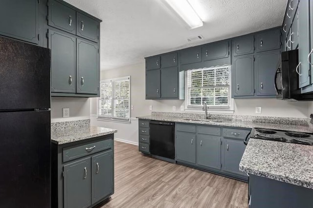 kitchen with sink, black appliances, plenty of natural light, and light hardwood / wood-style floors