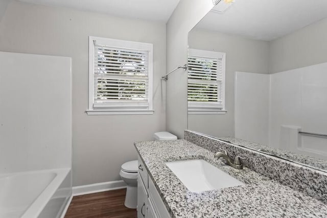 bathroom with wood-type flooring, vanity, and toilet