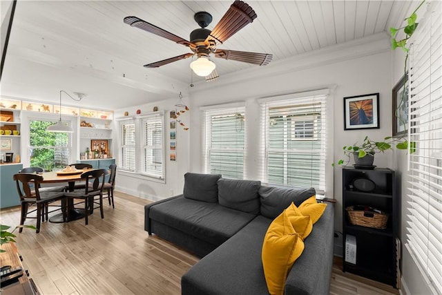 233 Spence Ave SE, Atlanta, GA 30317 - living area with ceiling fan, plenty of natural light, light wood finished floors, wood ceiling, and baseboards