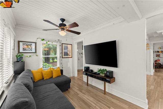 233 Spence Ave SE, Atlanta, GA 30317 - living room with crown molding, ceiling fan, light wood-style floors, wooden ceiling, and baseboards