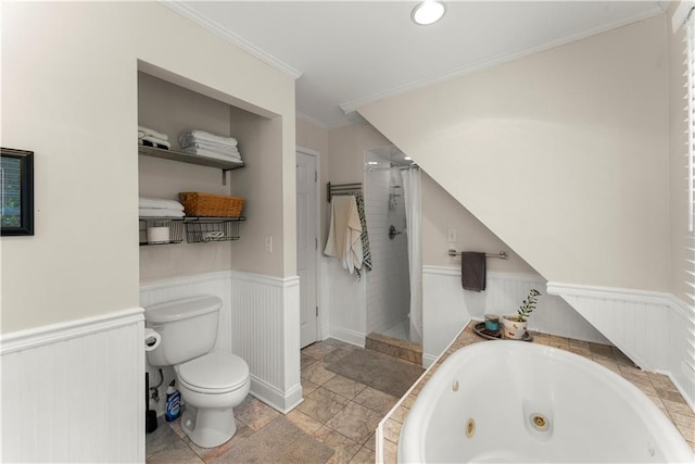 233 Spence Ave SE, Atlanta, GA 30317 - bathroom featuring a tub with jets, a shower stall, crown molding, wainscoting, and toilet
