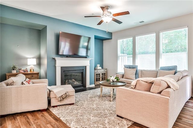 living room with ceiling fan and hardwood / wood-style floors