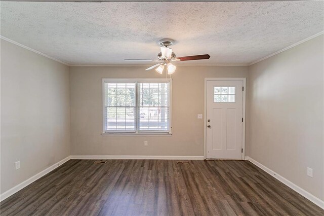 entryway featuring a textured ceiling, ceiling fan, and dark hardwood / wood-style flooring