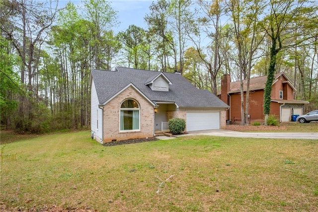 7275 Oswego Trl, Riverdale, GA 30296 - view of front facade featuring a front yard, brick siding, an attached garage, a shingled roof, and concrete driveway