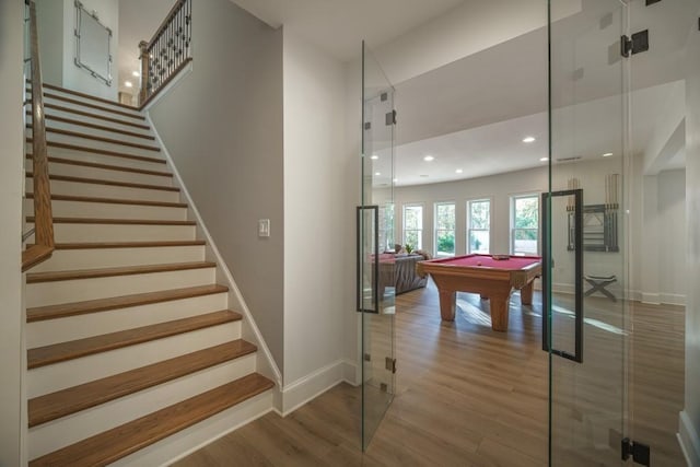 rec room with billiards, recessed lighting, wood finished floors, and baseboards