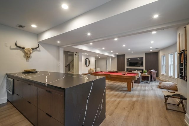 recreation room with billiards, recessed lighting, visible vents, and light wood finished floors