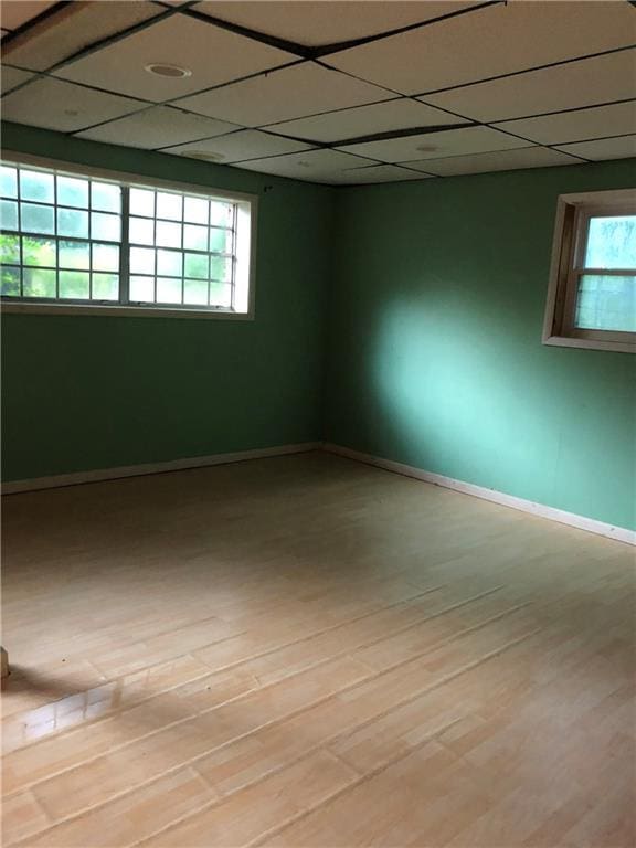 spare room with a healthy amount of sunlight, baseboards, a drop ceiling, and light wood-type flooring