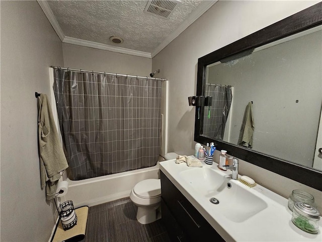 bathroom featuring visible vents, toilet, a textured ceiling, and crown molding