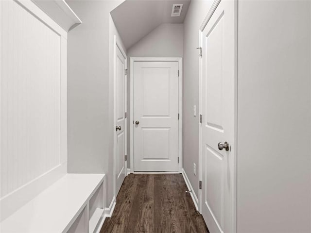 mudroom featuring dark wood-type flooring and vaulted ceiling