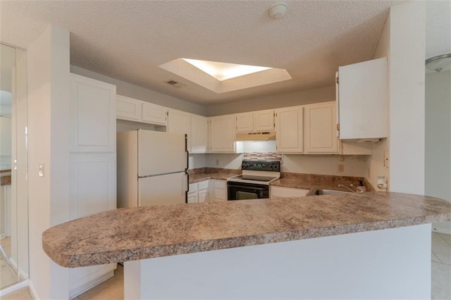 1015 Mcgill Park Ave NE, Atlanta, GA 30312 - kitchen featuring range with electric cooktop, freestanding refrigerator, under cabinet range hood, a peninsula, and a sink